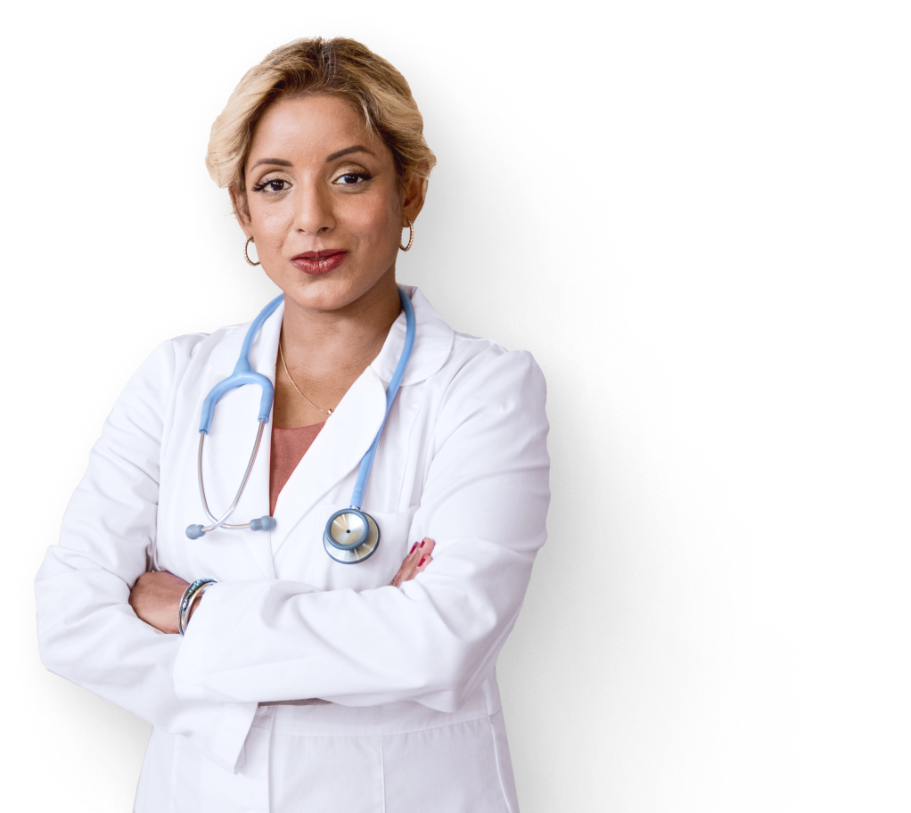 a woman in a white coat with a stethoscope around her neck